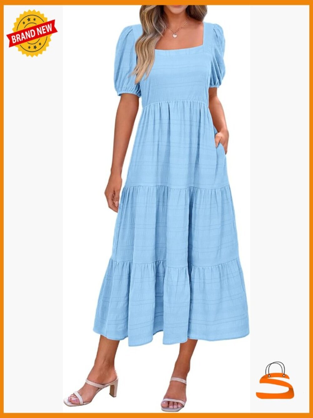 Women's Square Neck Puff Sleeve Smocked A-line Midi Dress